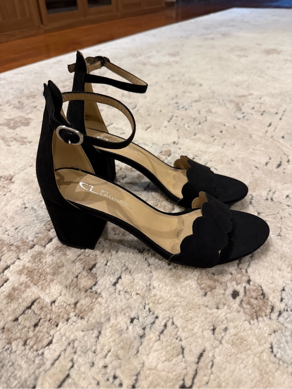 CL by Laundry Black Scalloped Ankle-Strap Block Heels